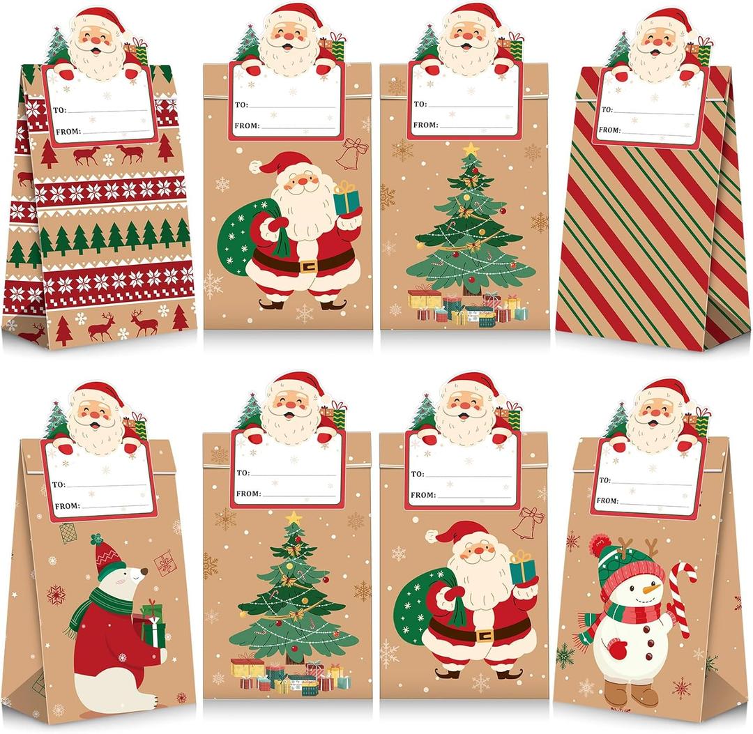 Blosssound 30 Pack Winter Paper Gift Bags Blue Wonderland Treat Bags with Name Stickers Christmas Candy Cookie Craft Party Favors Holiday Festive Home Party Decor Supplies(Christmas Kraft)