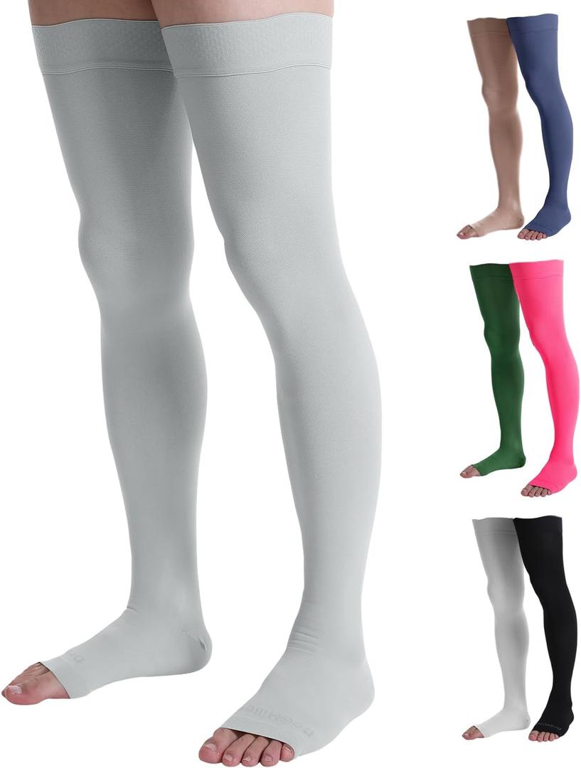 Doc Miller Thigh High Compression Socks - Open Toe, 20-30mmHg for Varicose Veins, Calf, Leg & Ankle Support, Pregnancy & Maternity Stockings,(Small (1 Pair), Gray)