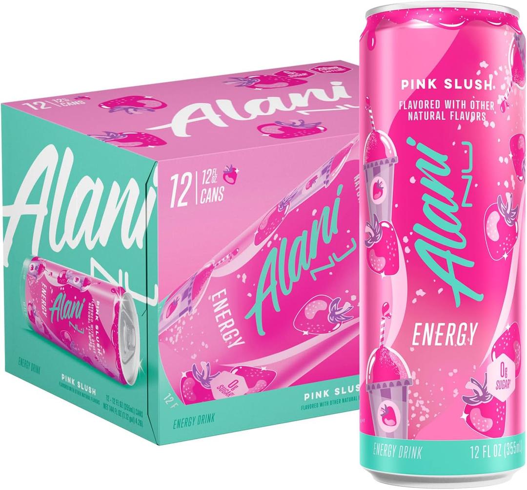Alani Nu PINK SLUSH, Sugar Free, Low Calorie Energy Drinks, 200mg Caffeine, Biotin, B Vitamins, Zero Sugar, 10 Calories, 12 Fl Oz Cans, 12 Pack