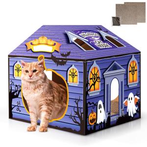Tailtastic Halloween Cardboard Cat House Playhouse with 2 Scratching Pads & Catnip - Indoor Cat Scratcher Hideaway for Kittens & Cats (14"x14"x13")