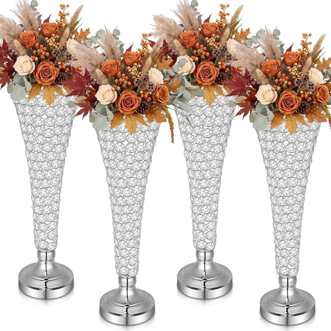 4 Pcs 20 Inch Silver Tall Crystal Vase for Centerpieces Fall Wedding
