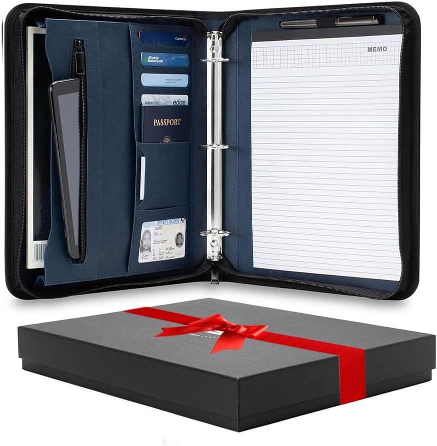 Forevermore Portfolios Portfolio Organizer - 3 Ring Binder with Notepad - 1.5 Inch Rings - Zippered Storage Pockets for Papers, Travel Documents, Presentation Folder, Cards, Passport, Tickets - Blue