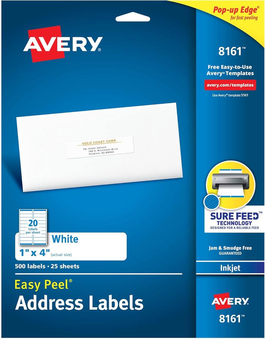 Avery Easy Peel Printable Address Labels, Sure Feed Technology, 1" x 4", White, 500 Blank Mailing Labels (08161)