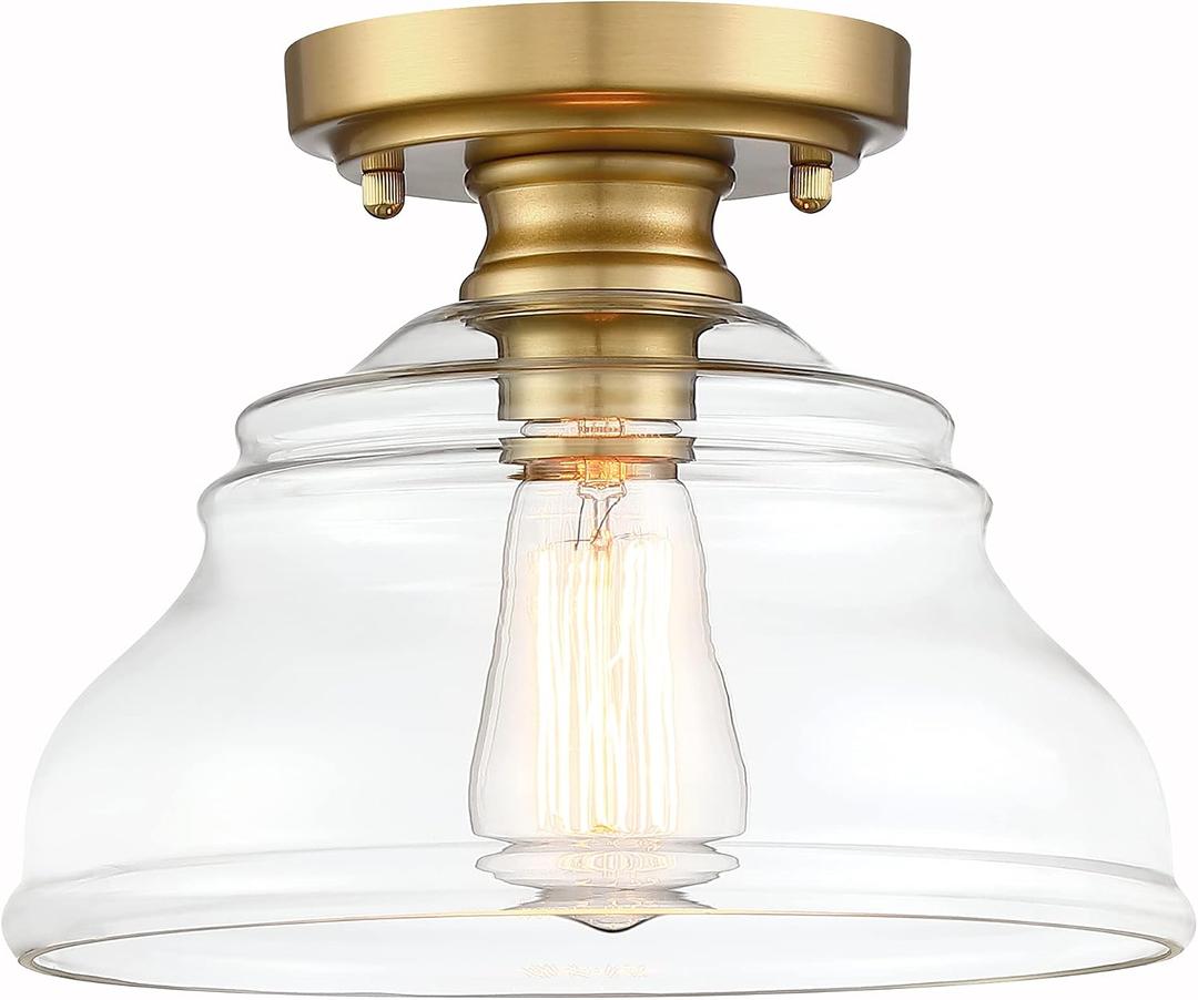 MEXO Industrial Semi Flush Mount Ceiling Light Modern Clear Glass Light Fixture Farmhouse 10" Close to Ceiling Lights in Brushed Gold for Hallway Bedroom, Kitchen Entryway Cafe Bar Porch Dinning Room