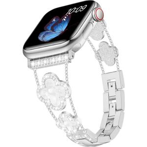 Tasikar Bling Diamond Women Band Compatible with Apple Watch Band 49mm 46mm 45mm 44mm 42mm 41mm 40mm 38mm Ultra SE Series 10 9 8 7 6 5 4 3 2 1 Lucky Clover Dressy Replacement Bracelet (Silver)