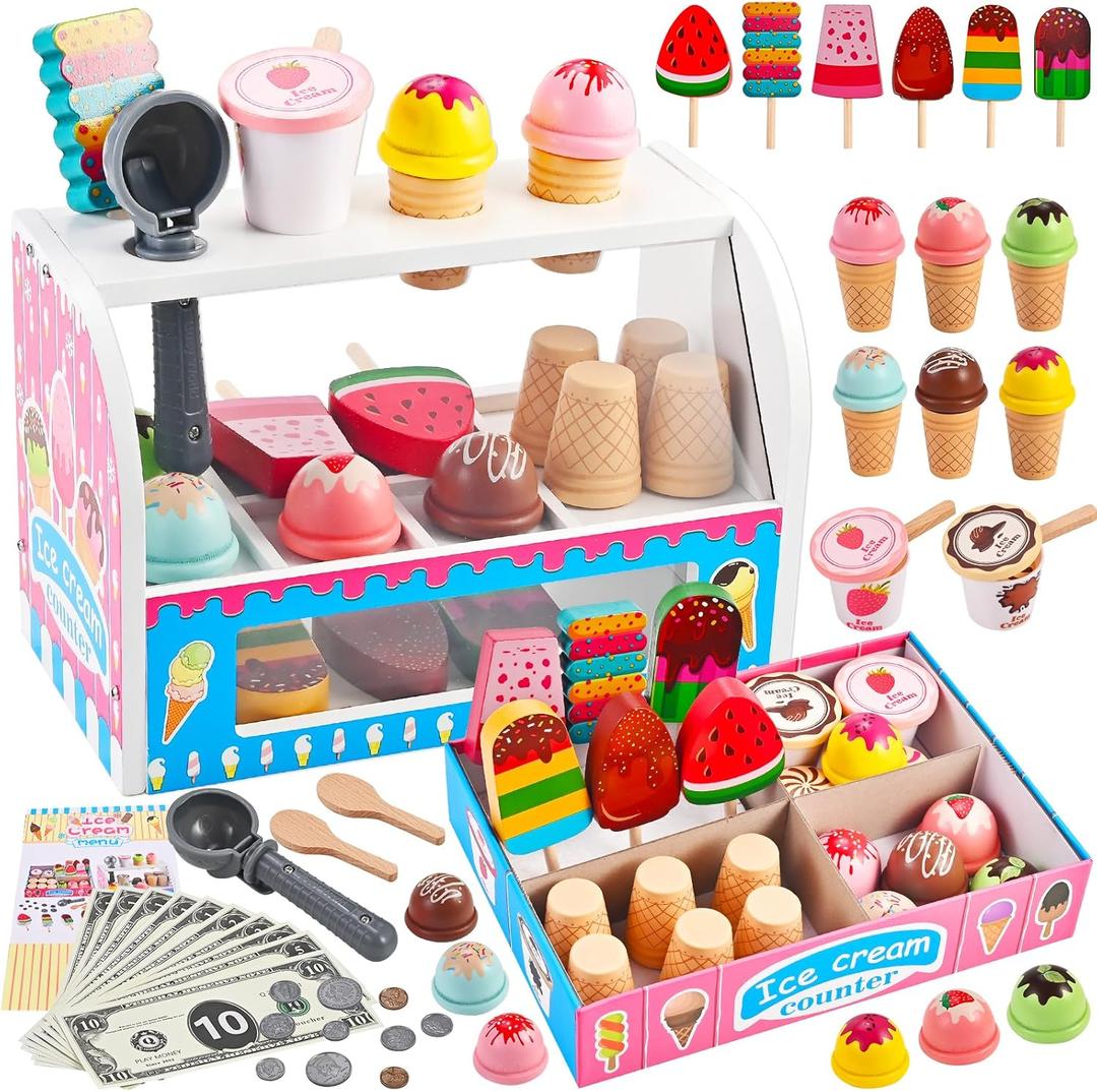 Ice Cream Play Set, Wooden Ice Cream Toy, Wooden Play Food, Ice Cream Shop Playset, Pretend Play Toys for Toddlers, Kitchen Toys Gift for Girls Boys 3 4 5 6 Year Old
