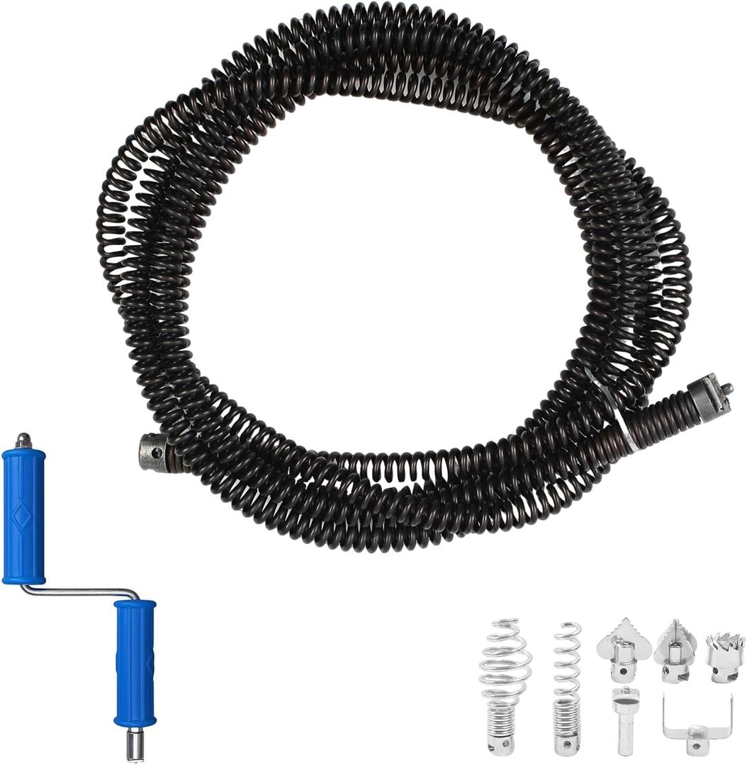 20 Feet x 1/2 inch Solid Drain Cleaning Cable with Six Shapes of Cutters, Manually Adapter and Powered Adapter, Steel Flexible Solid Core Sewer Drain Auger Snake Clog Pipe Removal Tool