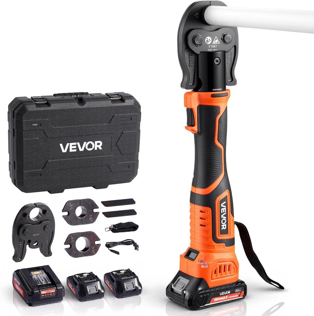VEVOR Cordless Mini Press Tool, 18V Electric Pipe Crimping Tool for 1/2", 3/4", 1" PEX Pipe Copper Rings, 24KN PEX Press Tool with 2pcs Battery, Fast Charger & Carrying Case - Meet ASTM F1807 Standard