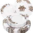 WDF 20PCS Brown Plastic Plates - Baroque White and Brown Floral Plates - Floral Party Decorations for Birthdays/Tea Party/Showers