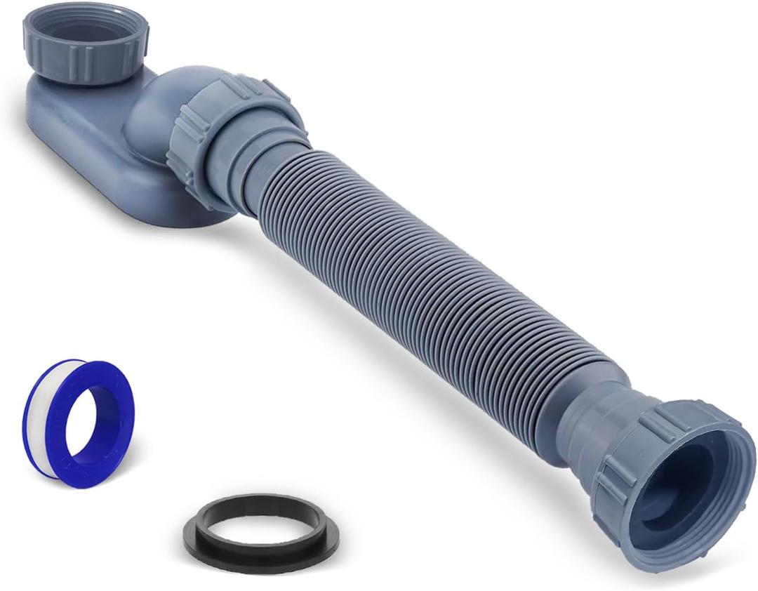 Low Profile 1 1/2" P Trap Bathtub Drain Pipe, Flexible & Retractable 17.5"-41.5", Gray, Polypropylene (PP), Suitable for Freestanding Tub & RV Shower Drain, Kit of 1