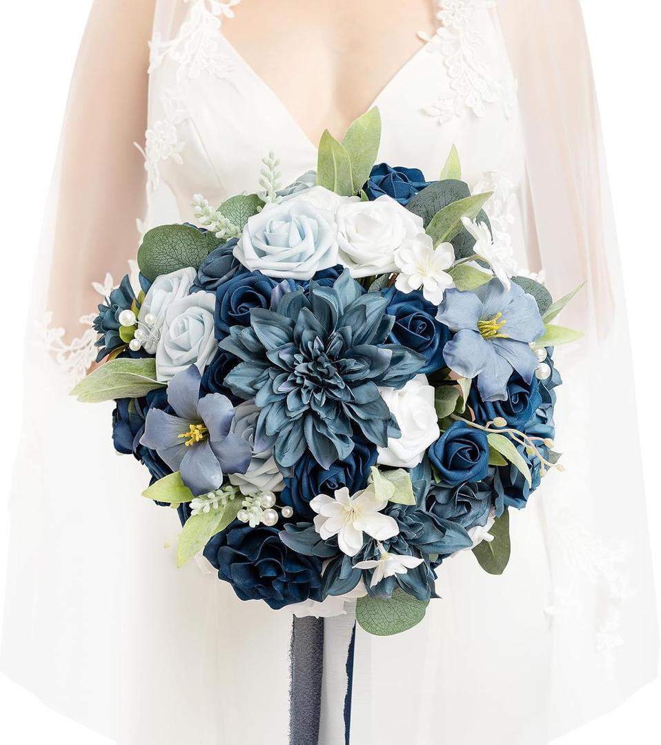 Ling's Moment Navy Blue Bridal Bouquet for Bride, Blue Wedding Bouquets for Bride, 13 Inch Silk Round Artificial Wedding Flowers Bouquets