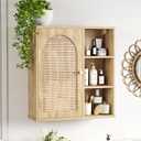 Rattan Bathroom Wall Cabinet with Door, Boho Medicine Wall Cabinets with Adjustable Shelves, Tall Kitchen Wall Mounted Storage Cabinet, Floating Hanging Cabinet Space Saver for Laundry Room, Natural