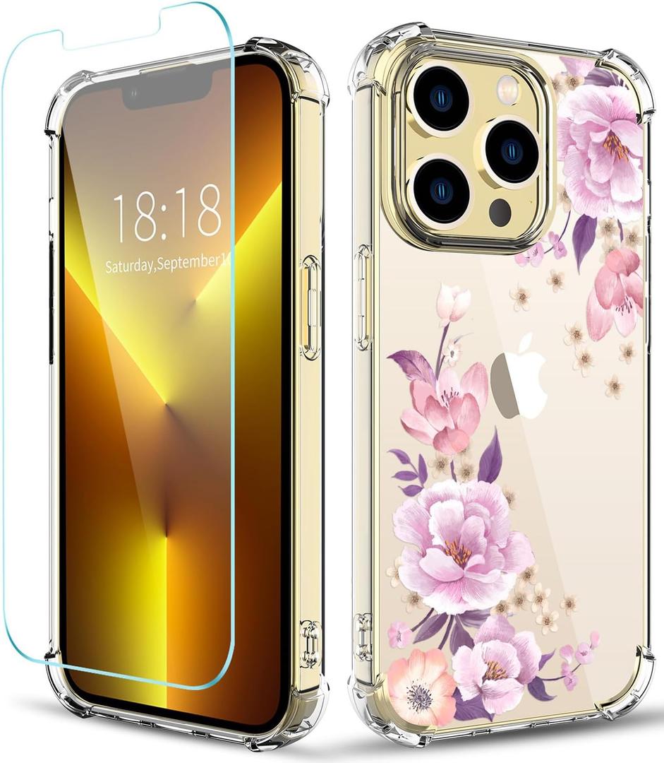 Flower Pattern Designed for iPhone 13 Pro Max Case[with Screen Protector], Floral Clear Women Phone Case Shockproof Protective Soft TPU Bumper Cover 6.7 Inch 2021 (Peony)