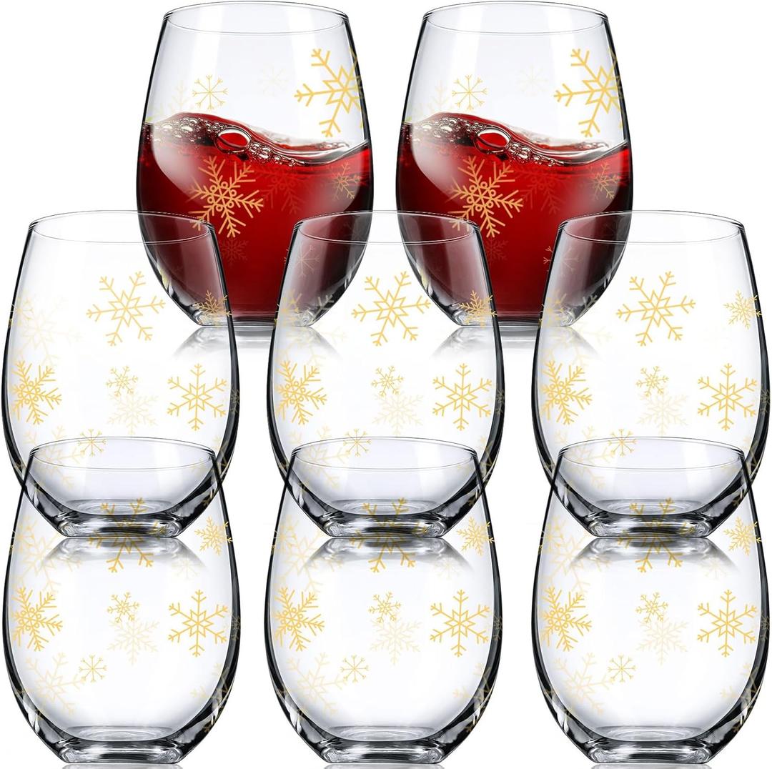 Umigy 8 Pcs Gold Snowflake Christmas Wine Glasses Winter Xmas Stemless Wine Glass Christmas 15 oz Snowflake Let It Snow Leaf Tree Glasses for Party Family Holiday Birthday Decoration