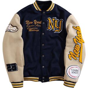 GORGLITTER Men's Letter Graphic Varsity Jacket Long Sleeve Striped Trim Button Bomber Jackets Apricot and Dark Blue,  Large
