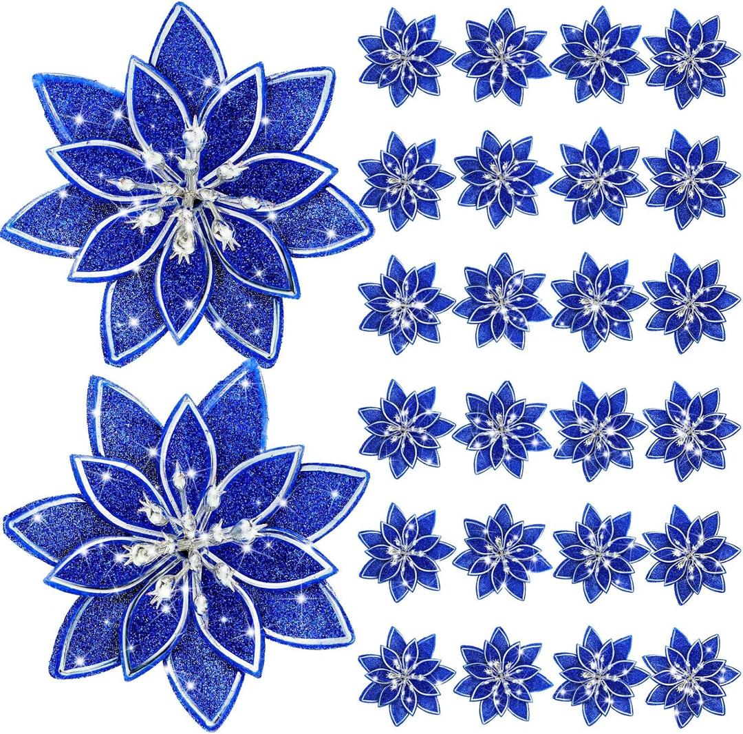 Lyrow 24 Pieces Christmas Glitter Poinsettia Artificial Flower with Clips 4 Inch Xmas Flowers Decoration Christmas Tree Wreaths Garland Decor for Holiday Party Ornaments (Royal Blue)