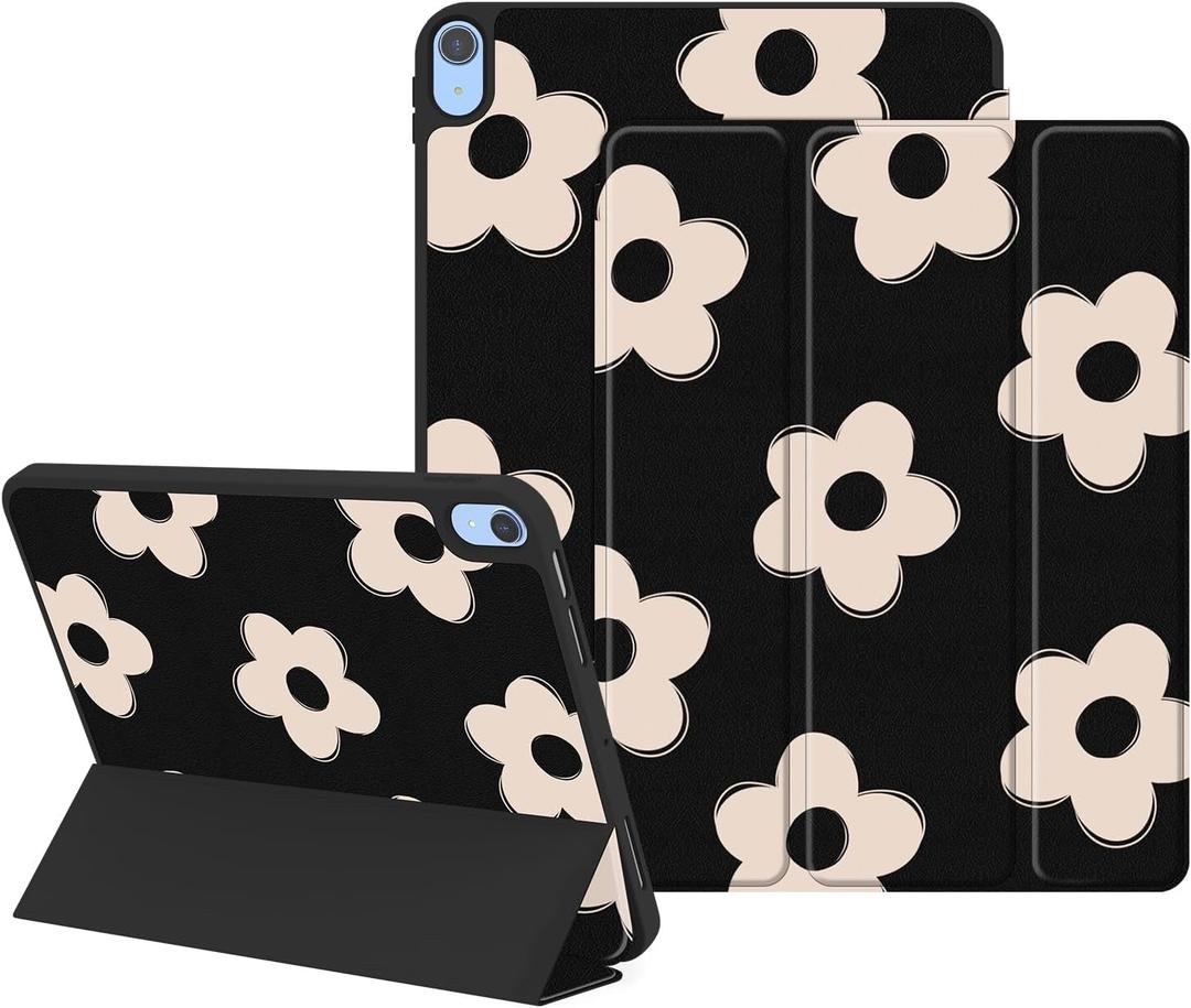 Lornpa Case for iPad (A16) 11th Generation 11 Inch 2025, iPad 10th Generation 10.9 Inch 2022, Protective Case with Pencil Holder, Trifold Smart Stand Cover with Cute Pattern for Girls, Black Flowers