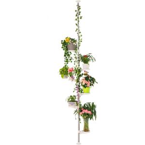 Hershii 7-Layer Tension Pole Plant Stand Indoor Decorative Display Rack Stands for Flower Pots Floor to Ceiling Adjustable Hanging Corner Shelf (6 Trays & 1 Hook, Ivory)