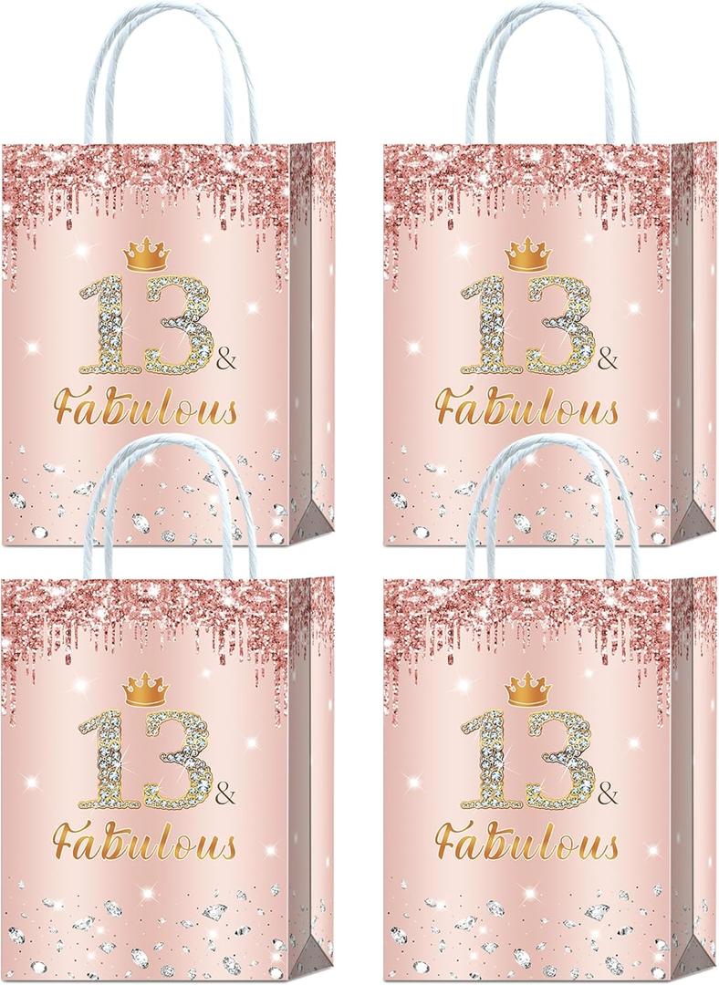 16 Pieces Rose Gold 13 & Fabulous 13th Birthday Party Favors Bags,Happy 13th Birthday Girl Gift Snacks Treat Candy Favors Bags with Handles for Girls 13th Birthday Party Decorations