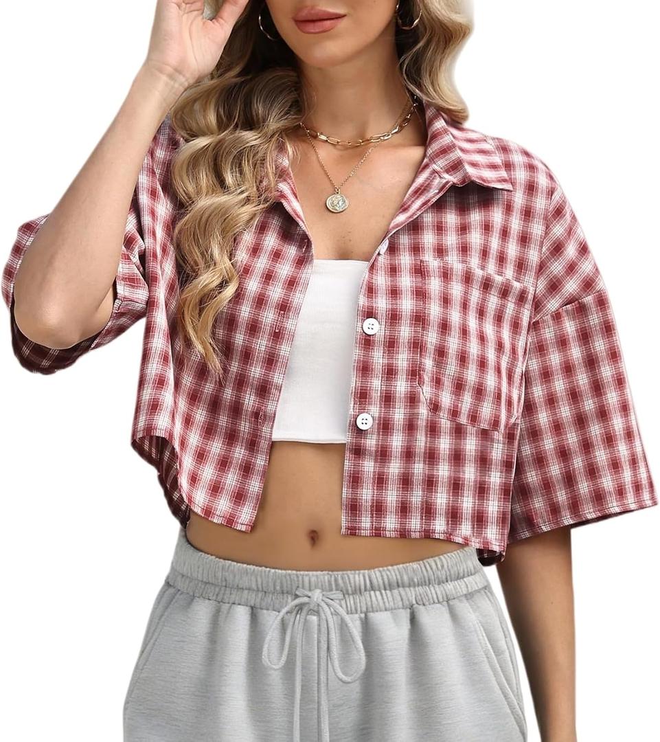 Womens Cropped Plaid Shirt Button Down Short Sleeve Top Blouse | Vintage Plaid Shirts, Preppy Clothes, Casual, Checkered, Plaid Crop Top Button Up Shirts, Gingham, Streetwear, Hiphop, Y2K (Red), Medium