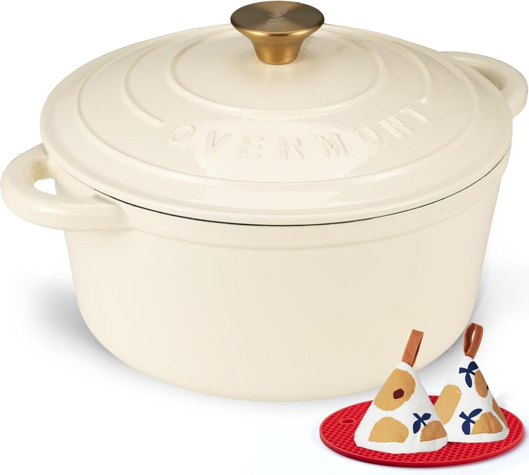 Overmont Enameled Cast Iron Dutch Oven - 5.5QT Pot with Lid Cookbook & Cotton Potholders - Heavy-Duty Cookware for Braising, Stews, Roasting, Bread Baking Cream White