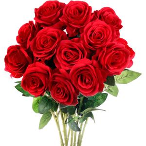 Mocoosy 12PCS Red Roses Artificial Flowers, Fake Roses with Long Stems Realistic Silk Rose Bouquets Wedding Centerpiece Decorations Faux Floral Arrangements Bridal Shower Party Home Office Table Decor