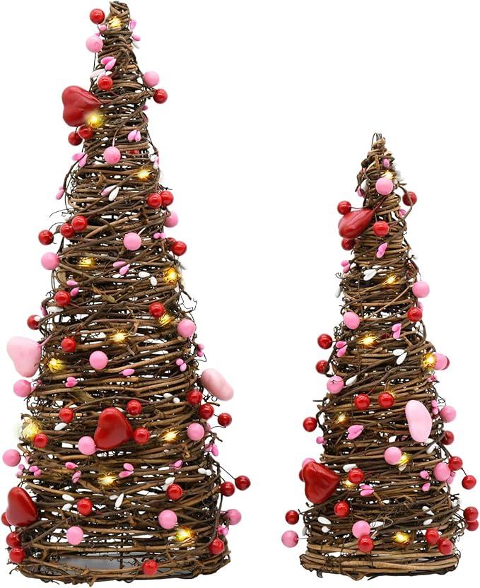 CRCZK Valentines Day Rattan Table Tree Decor with Lights Valentines Day Decorations 2Pack Lighted Tree with Red Heart&Berries Pink Table Centerpieces Valentine's Day Decorations Indoor Party Gifts