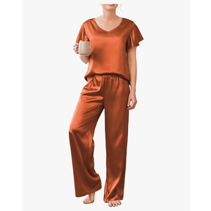 Ekouaer Women's Satin Silky Pajama Set 2 Piece Short Sleeve Shirt with Long Pants Pjs Sets Soft PJ Loungewear, M