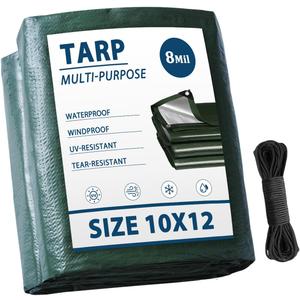 Tarp Waterproof 10x12FT Multi-Purpose Green Poly Tarps Cover 8Mil