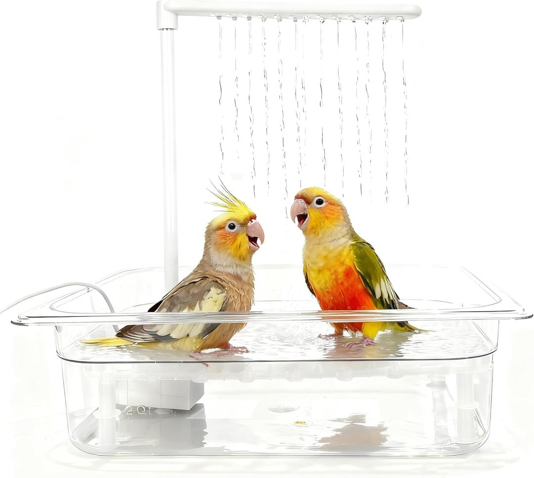 Bird Bath Tub with USB Pump, Automatic Bird Shower with Adjustable Water Flow, Transparent Acrylic Basin & Mesh Perch for Parakeets, Cockatiels, Conures, Budgies, African Greys, Amazons