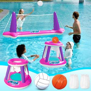JOYIN Inflatable Pool Float Set Volleyball Net & Basketball Hoops, Floating Swimming Game Toy Floaties for Kids and Adults Volleyball Court (105x28x35)|Basketball (27x23x27),L-Pink Purple