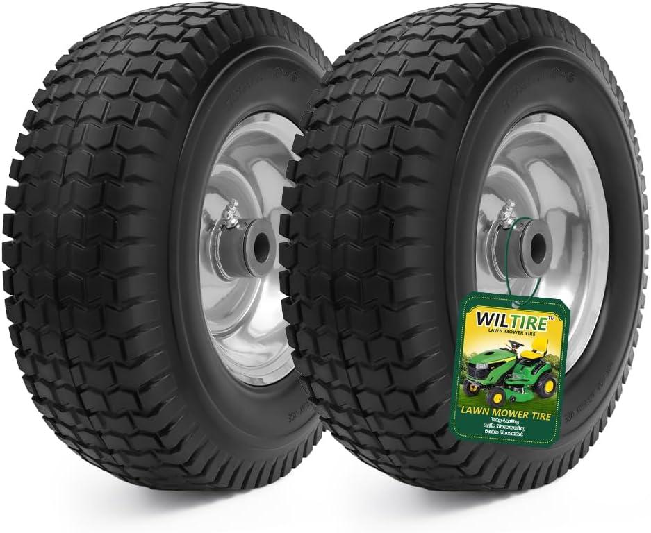 13x5.00-6 Flat Free Tire and Wheel Assemblies (2 Pack),13 x 5 x 6 Solid Rubber Tires and Wheel for Riding Lawn Mower - With 3/4" Bushings (Extra 5/8" Bushings) and 3" Centered Hub (Grey)
