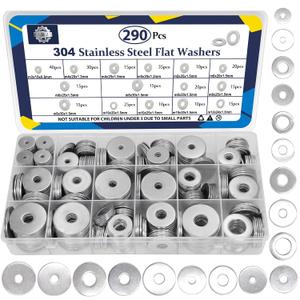 ZQZ 290Pcs Flat Washers, 304 Stainless Steel Fender Washers Assortment, 15 Different Sizes Wide Washer M3 M4 M5 M6 M8 M10 M12 Assorted Flatwashers Kit