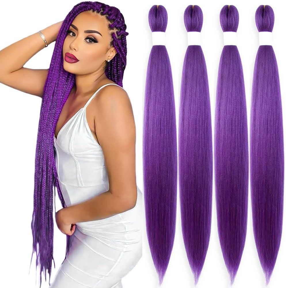 Purple Braiding Hair 36 Inch Pre Stretched Hair Long Straight Crochet Braids Yaki Texture Synthetic Fiber Extension 4 Packs (Dark Purple)