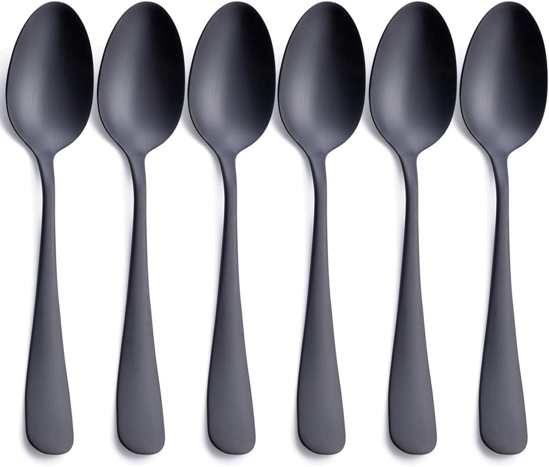 Matte Black Dinner Spoon, GoGeiLi Stainless Steel Satin Finish 7.8-inch Silverware Flatware Spoon Set, Service for 6, Dishwasher Safe