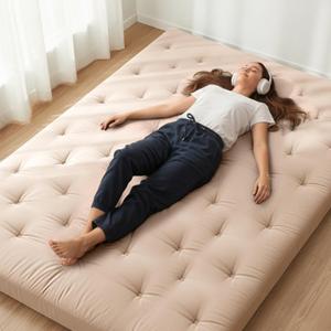 ZonLi Japanese Floor Futon Mattress 100% Cotton Washable Cover Foldable | 80" x 76" King Size 4" Thick Tatami Mat Sleeping Pad, Roll Up Floor Lounger Bed for Guest, Dormitory, Camping & Travel