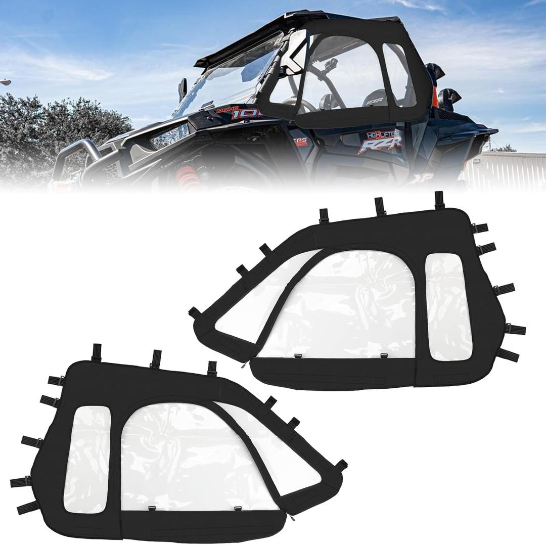 RZR Soft Upper Door YKK Zipper Compatible with Polaris RZR XP 1000 / XP Turbo 2014-2023 2-Seater Models, UTV Cab Enclosures Side Windows, Work with Side Mirror Windshield Roof