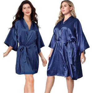 EPLAZA Women Silky Satin Robe Wedding Bridal Party Bride Bridesmaid Robes Kimono Loungewear Dressing Gowns (Large-X-Large, Navy)
