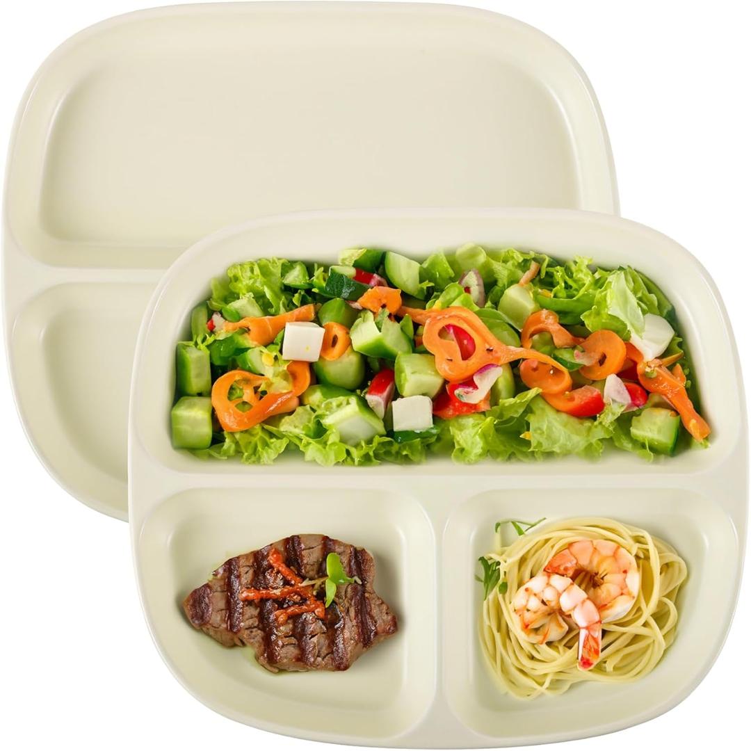 OMISTAR 2 Pcs Portion Control Plates, 8.5" Ceramic Divided Plates for Adults, Rectangles Porcelain Dinner Diet Plate, Milkyellow Ceramic Plate for Balanced Meals, Diabetes and Weight Loss Diet