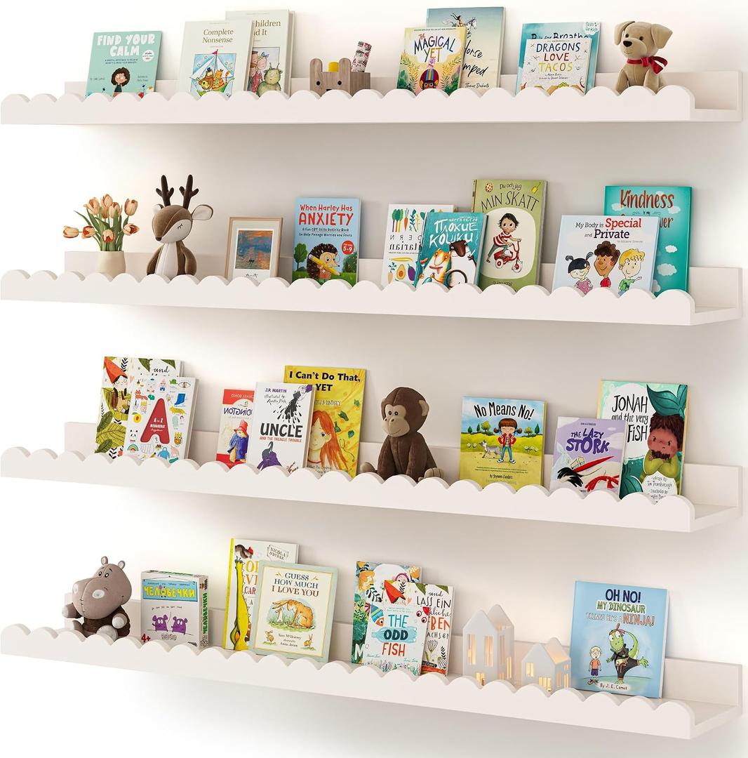Shario Nursery Book Shelves, 4-Pack White Floating Shelves for Wall Kids, Scalloped Shelves, Wall Book Shelves for Bedroom Kids, Toddler Room, Baby Room, Nursery Decor (White, 36 Inches)