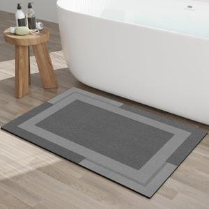 YDKGL Non Slip Bath Mat, Rubber Backing Ultra Thin Bathroom Rugs Fit Under Door Quick Dry Super Absorbent Washable Bath Rug Shower Mat for Bathroom Floor Bathtub Sink, Easy Care Dark Grey 24"x 35"