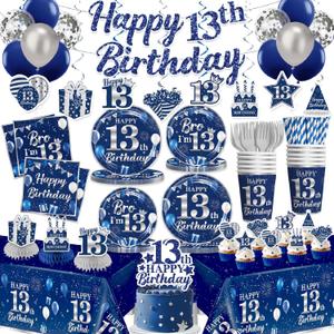 206Pcs 13th Birthday Decorations for Boys, 13 Birthday Boy Tableware Set with Plates and Napkins Serves 25, Tablecloths and Balloons for Teenager Birthday Decorations 13th