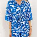 PRETTYGARDEN Womens Rompers for Summer 2025 Beach Vacation Clothes Short Sleeves Floral Jumpsuits Beach Cover Up (Blue, XXL)