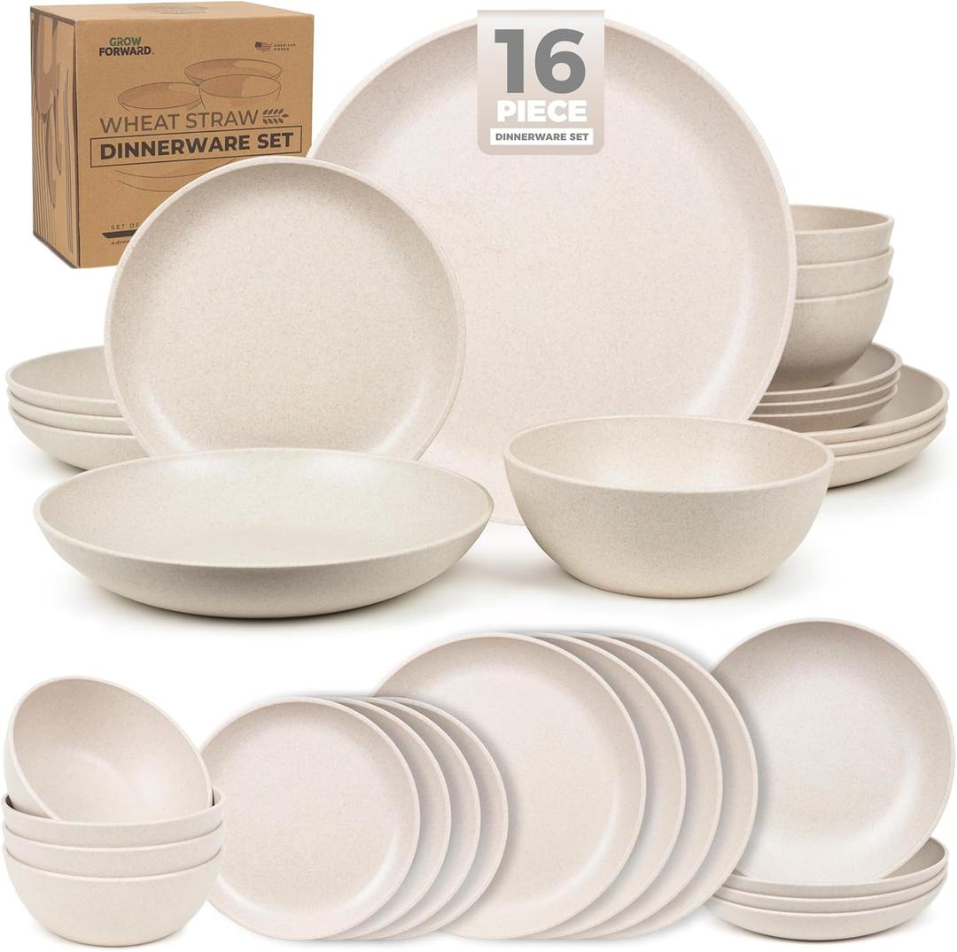 Grow Forward 16-piece Premium Wheat Straw Dinnerware Sets for 4 - Unbreakable Dishwasher & Microwave Safe Plastic Plates and Bowls Sets - Patio, Outdoors, RV, Camping Dishes - Sahara