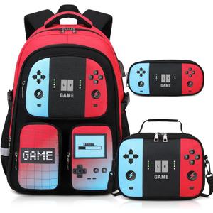Gamer Backpack for Boys , 3PCS Boys Backpack with Lunch Box & Pencil Pouch, Waterproof School Bags for Boy Kids Children Teens, Elementary Middle School, Kids Book Bag Casual Daypack (Red Black)