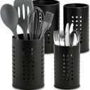 Nicunom Set of 4 Kitchen Utensil Holder for Counter, 2 Size Black Stainless Steel Cutlery Holder Large Cooking Utensil Crock Round Flatware Silverware Spatulas Utensil Organizer for Countertop