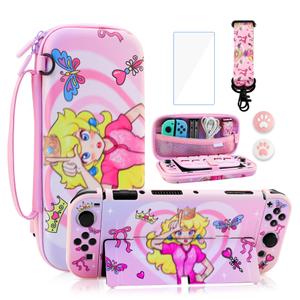 GOODVANCE Pink Carrying Case for Nintendo Switch OLED, Kawaii Princess Portable Hard Travel Case for Girls, Switch Accessories Bundle with PC Case, Screen Protector, Shoulder Strap and Thumb Grip Caps