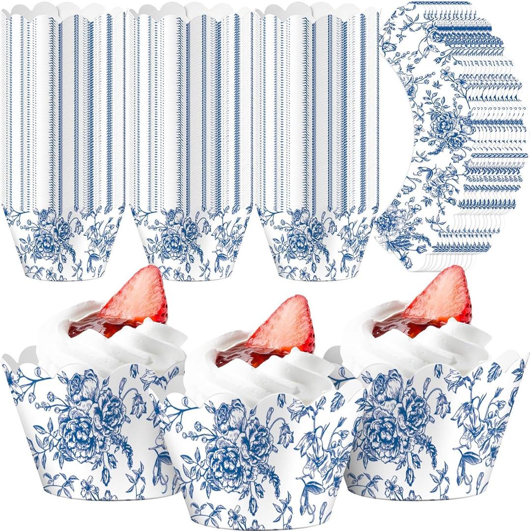 Domensi 100 Pcs Blue Floral Cupcake Wrappers Rustic Cupcake Liners Baking Cups Baking Liners for Wedding Bridal Baby Shower Birthday Party Supplies Dessert Decoration, Blue