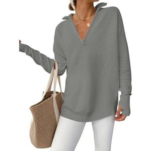 ANRABESS Womens Long Sleeve Quarter Zip Pullover Sweater Casual Loose V Neck Collared Ribbed Knit Jumper Tops Thumb Hole Army Green Large
