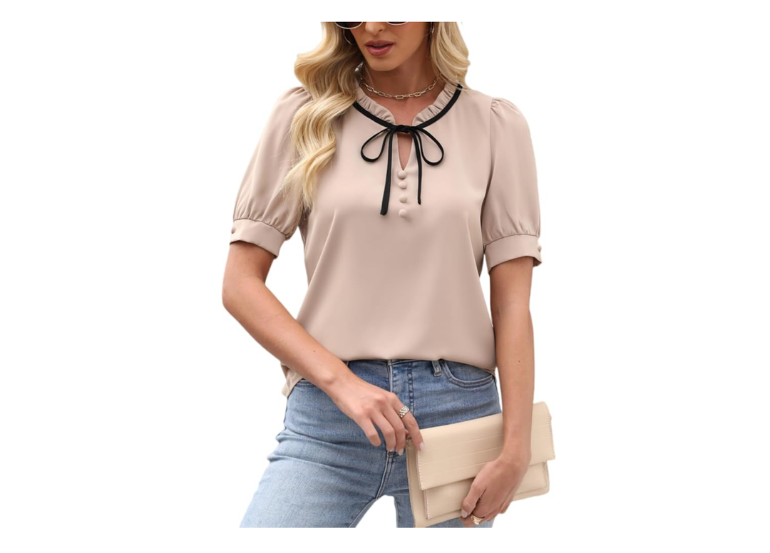 CiCiBird Womens Dressy Casual Blouses Elegant Business Work Tops Tie Front Puff Short Sleeve Shirt